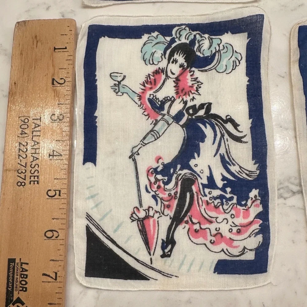 1940/50s MCM Fabric Cocktail Napkins Gay‎ 90s Nineties Scenes Bar Retro Vintage